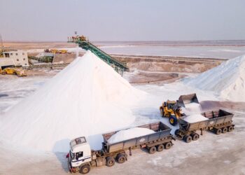 Open-pit salt mine with large white salt piles and trucks unloading salt from dump trucks onto a conveyor system.
