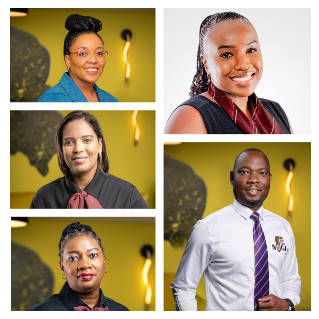Collage of diverse professionals smiling in a bright office with yellow walls behind them.