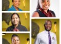 Collage of diverse professionals smiling in a bright office with yellow walls behind them.