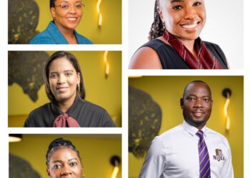 Collage of diverse professionals smiling in a bright office with yellow walls behind them.