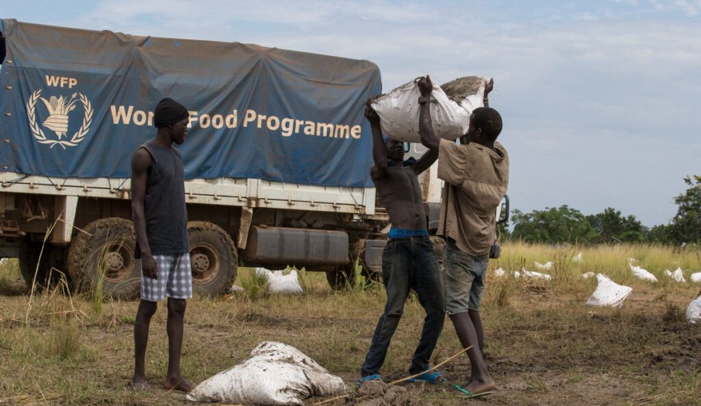 food progamme - The Brief | Namibia's Leading Business & Financial News Three men unload a white bag from a World Food Programme truck in a dry field.
