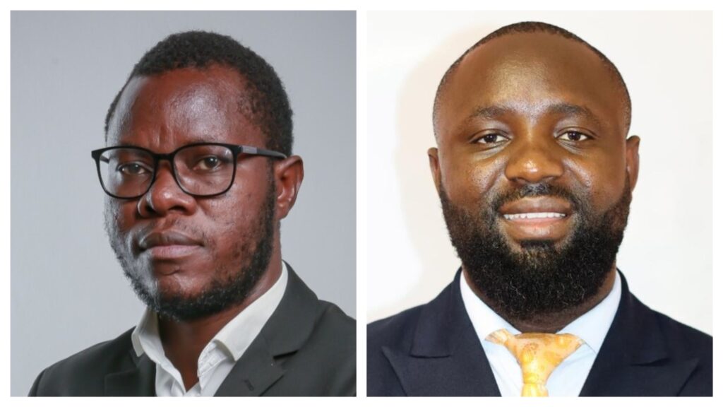 Two men in business attire: left man with glasses and short beard against a gray background; right man with a beard and yellow tie, smiling against a white background.