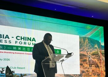 Man in a suit speaks at a clear podium during a Zambia–China Business Forum, with a large screen backdrop showing landscape and wildlife mascots behind him.
