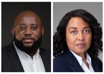 Two professional headshots side by side: a man in a suit on the left and a woman in a blazer on the right, neutral studio backgrounds