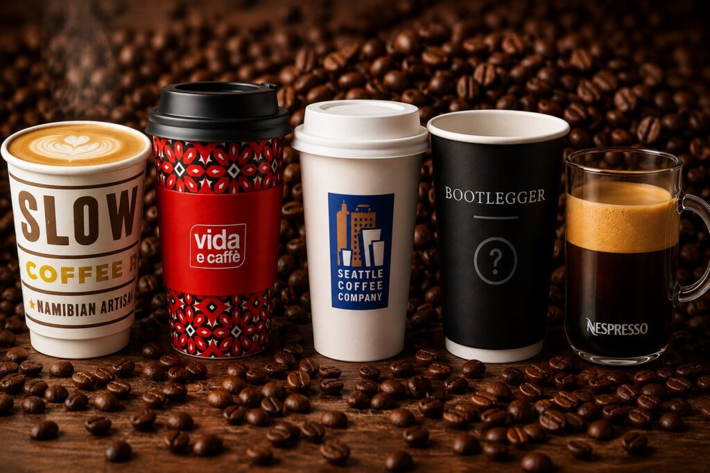 Five coffee cups in a row on a wooden surface with coffee beans scattered; from left: slow coffee cup, red patterned vida e caffè cup, white Seattle Coffee Company cup, black Bootlegger cup with a question mark, and a clear glass Nespresso mug with crema.