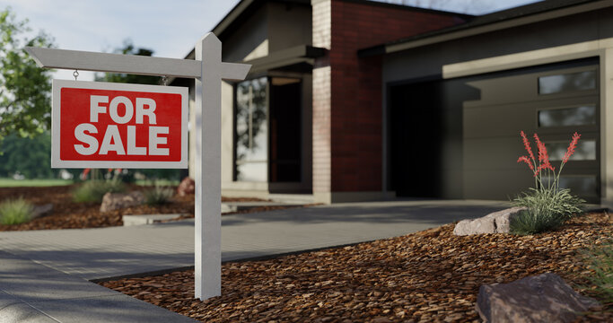 Red and white 'For Sale' sign on a white post in front of a modern house with a concrete driveway.