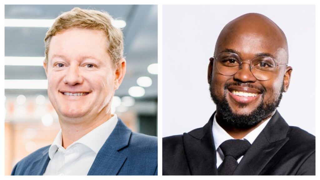 MixCollage-09-Jun-2026-09-41-AM-3094 - The Brief | Namibia's Leading Business & Financial News Two men in business attire smiling for a split-screen portrait; left man with blond hair in a blue suit, right man with glasses and a beard in a dark suit.