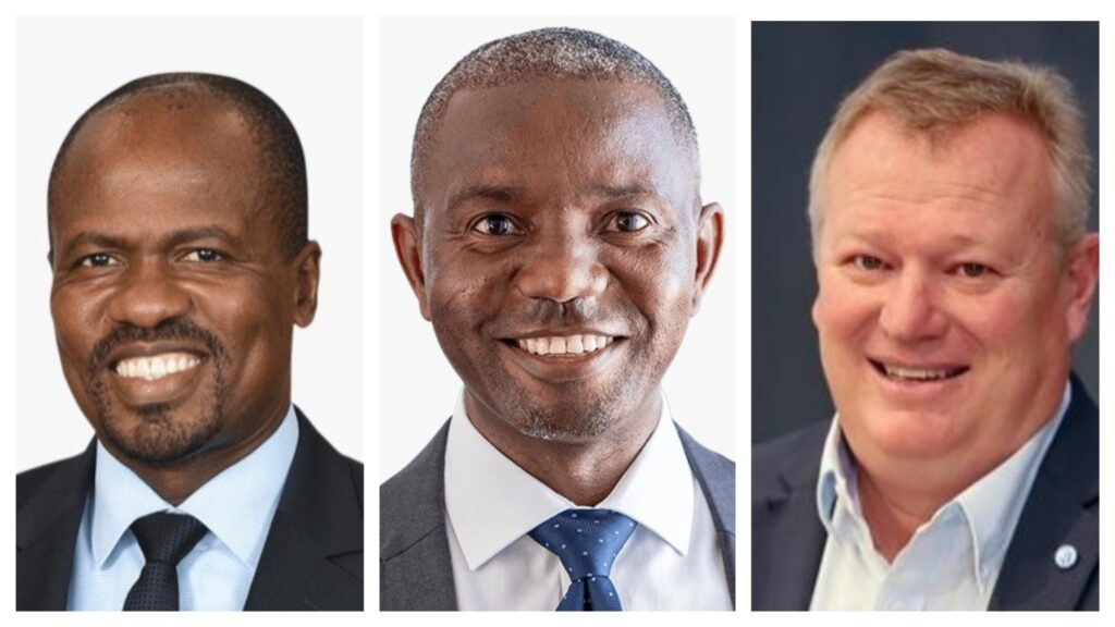 Triptych of three men in business suits smiling for professional headshots, presented side by side.