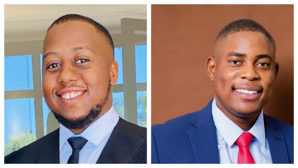 Two young men in business attire smiling; left photo outdoors near windows, right photo in a studio with a brown backdrop.