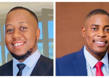 Two young men in business attire smiling; left photo outdoors near windows, right photo in a studio with a brown backdrop.