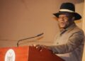 722074842_965257839681989_6726571616824513030_n - The Brief | Namibia's Leading Business & Financial News Man wearing a black hat and tan suit giving a speech at a wooden podium with a microphone in front of him.