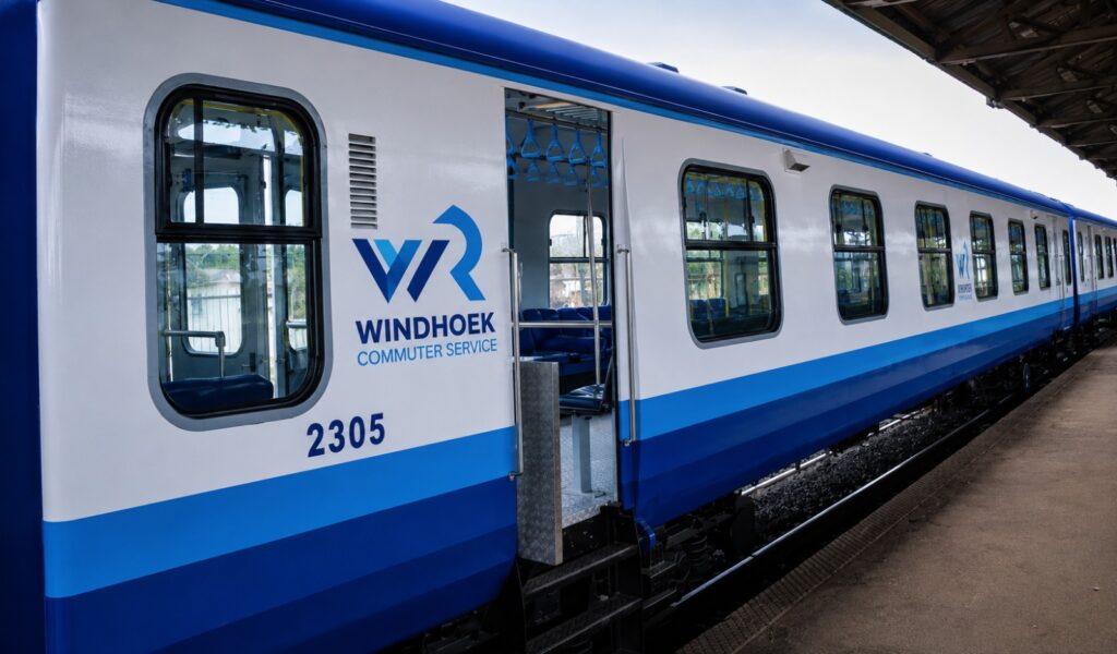 Windhoek Commuter Service train in blue-and-white livery with door open at a station, car number 2305 visible on the side.