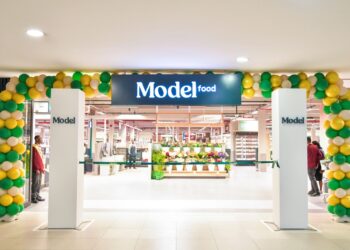 Store entrance with green, yellow, and cream balloon arch and a bold 'Model' sign overhead, welcoming shoppers.