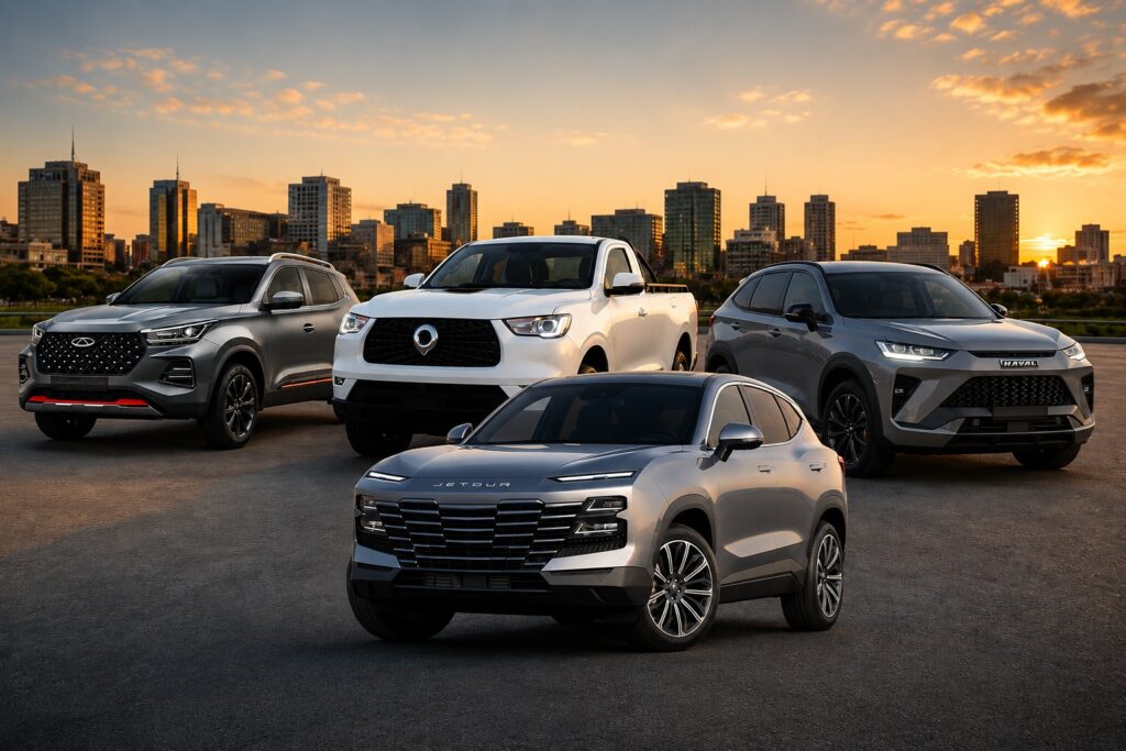 Five modern vehicles (two SUVs, a pickup, and two more SUVs) parked in a row on a paved lot with a city skyline at sunset in the background.
