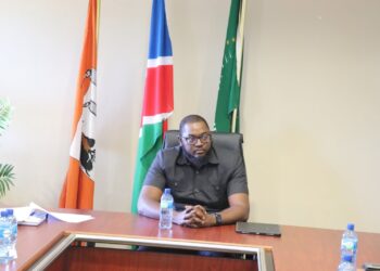 Man with glasses and beard seated at a conference table, with flags behind him in a meeting room.