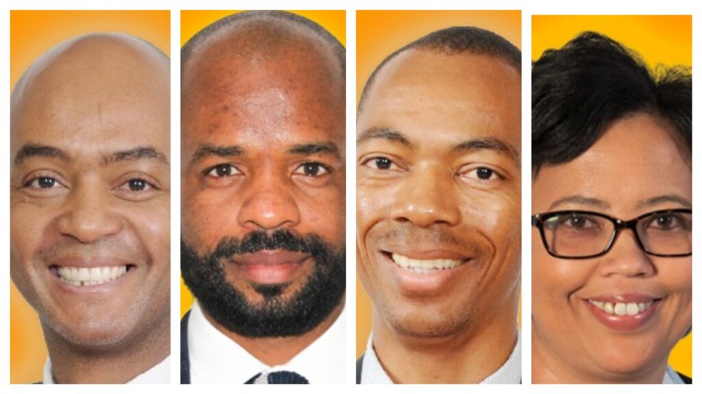 Four smiling adults shown in close-up headshots against an orange background. (Collage)