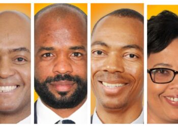 Four smiling adults shown in close-up headshots against an orange background. (Collage)