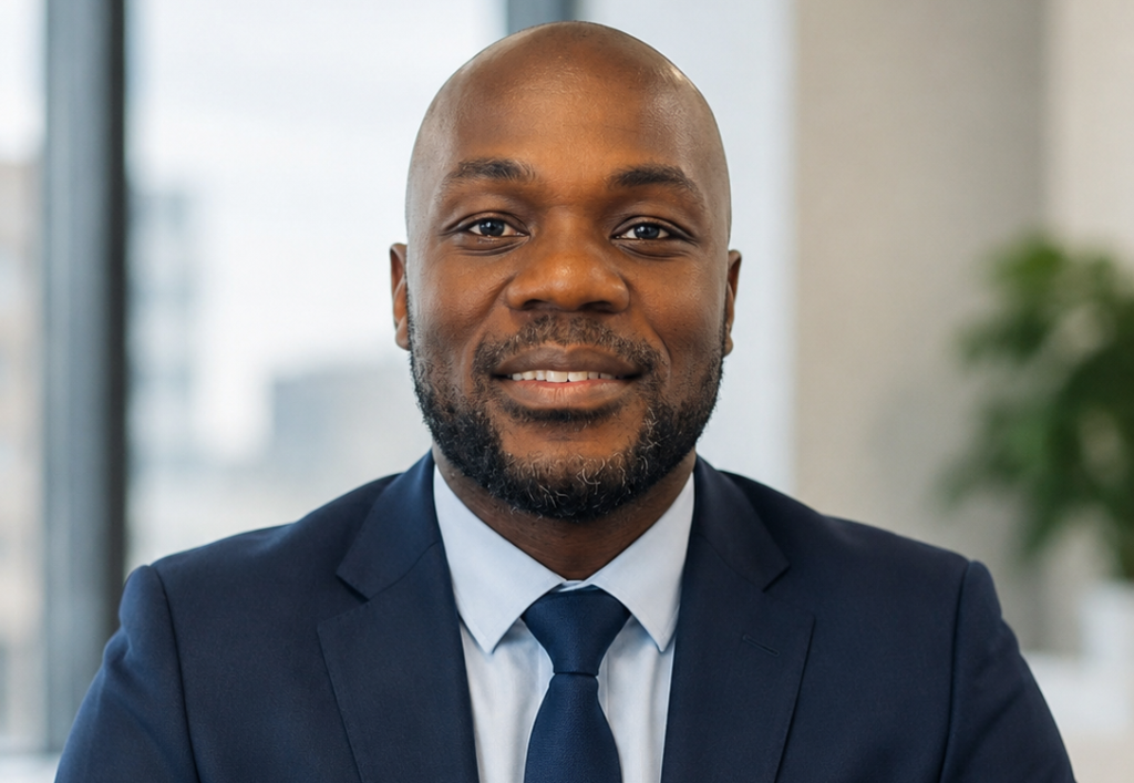Smiling Black man in a navy suit and tie, portrait in an office setting with blurred background.