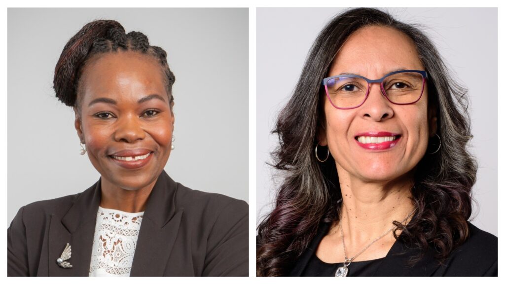 Pair of headshot portraits featuring two women: left a Black woman with braided hair in a blazer and lace blouse, smiling; right a woman with glasses and long dark hair, also smiling.