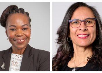 Pair of headshot portraits featuring two women: left a Black woman with braided hair in a blazer and lace blouse, smiling; right a woman with glasses and long dark hair, also smiling.