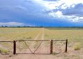 FARM - The Brief | Namibia's Leading Business & Financial News Rusty metal gate and wire fence on a dirt road stretching into a flat savannah under a cloudy blue sky.