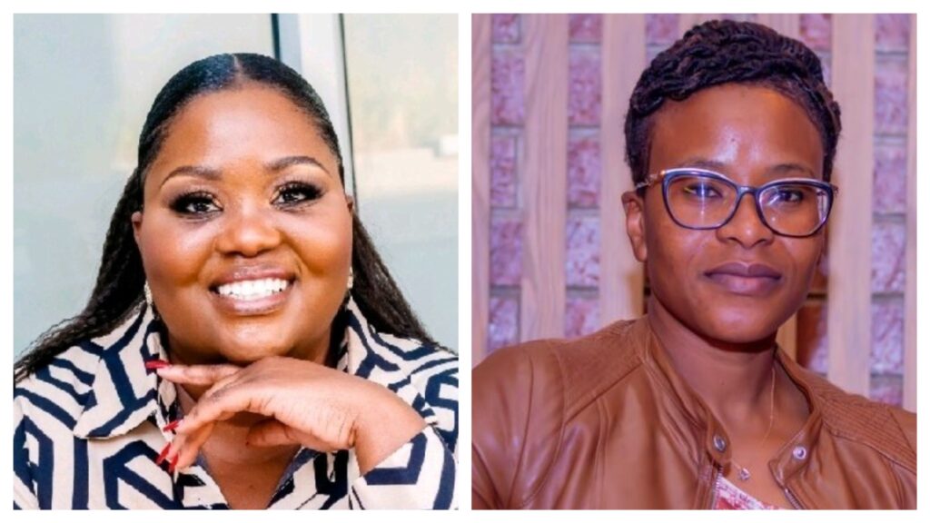 Two women pictured side by side: left woman smiling, zebra-print blouse; right woman with short braids, glasses, brown jacket.