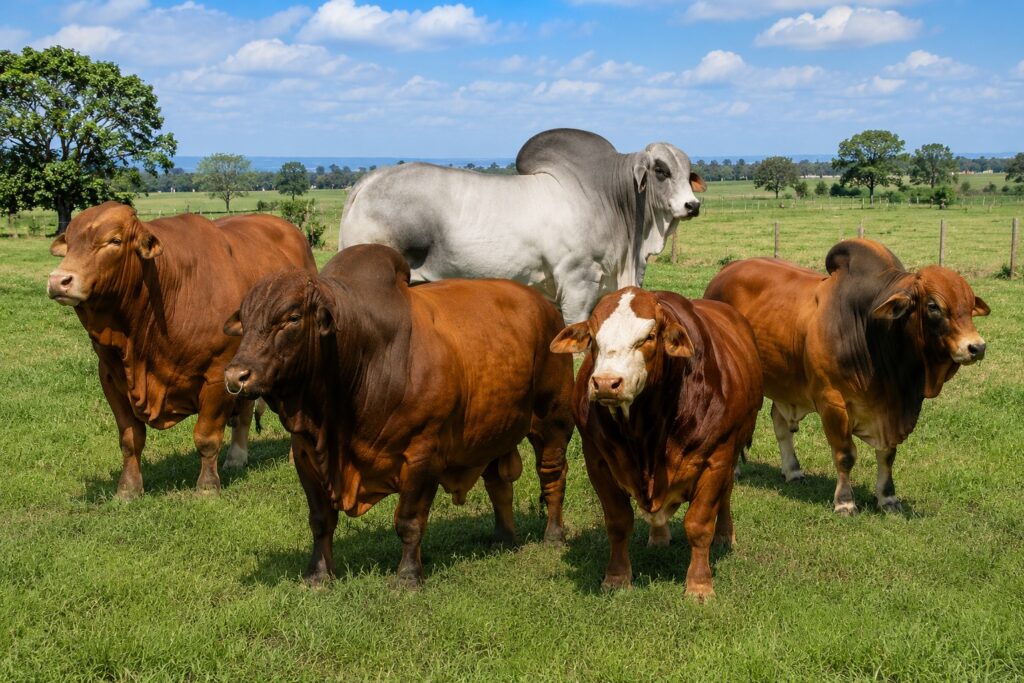 Group of brown cattle with a light gray bull standing in a sunny green pasture.