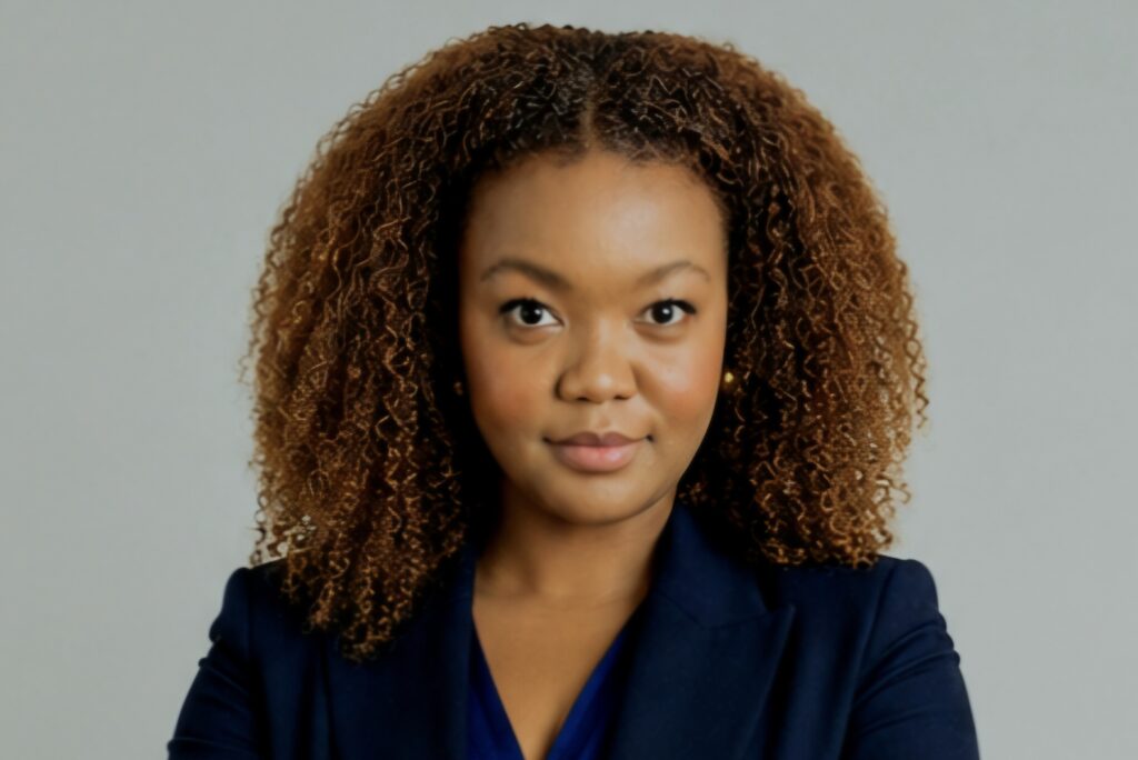 Des-Rose Engelbrecht1 - The Brief | Namibia's Leading Business & Financial News Portrait of a woman with curly hair in a navy blazer, looking at the camera and smiling.