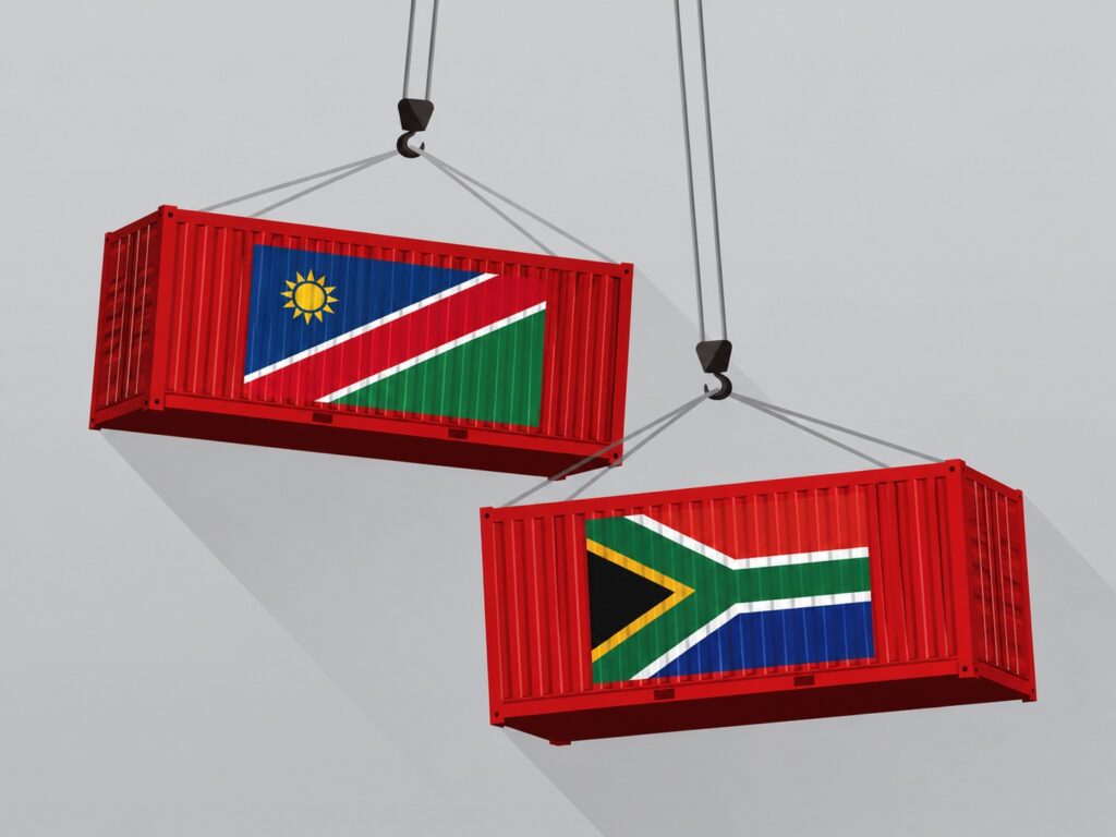 Two red shipping containers bearing the flags of Namibia and South Africa being hoisted by cranes against a gray sky.