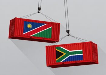 Two red shipping containers bearing the flags of Namibia and South Africa being hoisted by cranes against a gray sky.