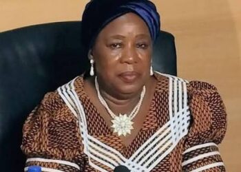Portrait of an African woman wearing a blue headwrap and a brown patterned dress with white trim, seated at a desk with a microphone in front, suggesting a press conference.