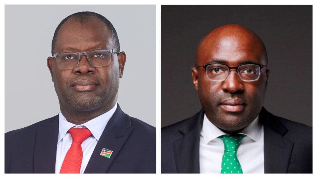 Pair of formal headshots: man on the left in a dark suit with a red tie and lapel pin against a gray backdrop; man on the right in a dark suit with a green tie against a dark background.
