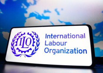 Screen displaying the International Labour Organization logo with blue text and laurel emblem on a white display.