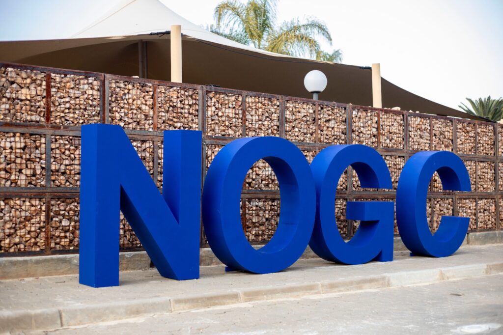 NOGC - The Brief | Namibia's Leading Business & Financial News Large blue 3D letters spelling a word along a sidewalk, with a gabion wall behind and palm trees in the background.