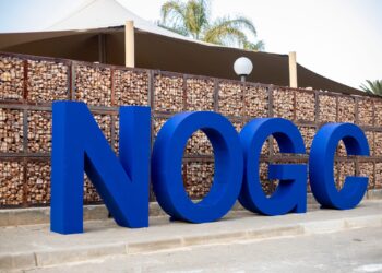 Large blue 3D letters spelling a word along a sidewalk, with a gabion wall behind and palm trees in the background.