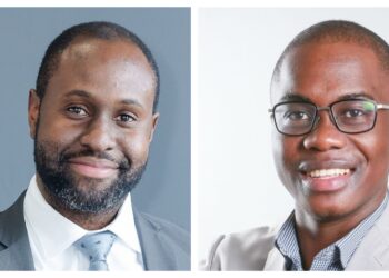 Two head-and-shoulders portraits: left man with beard in a suit, right man wearing glasses and a light blazer, both smiling.
