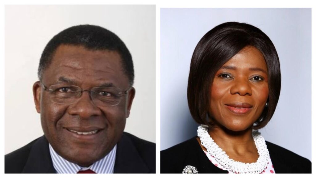 Two professional headshots side by side: left shows a smiling man in a suit, right shows a smiling woman wearing a white beaded necklace.
