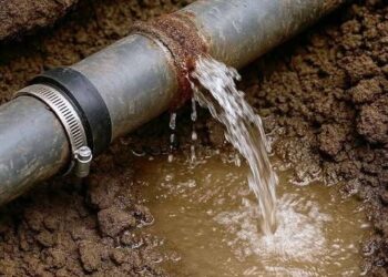 Leaking pipe with a clamp pouring muddy water into a small pool on muddy ground, close-up view of the leak route.