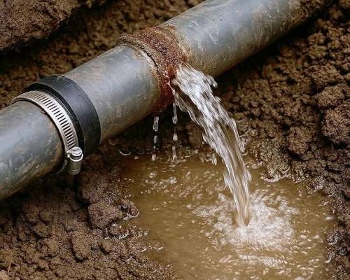 Leaking pipe with a clamp pouring muddy water into a small pool on muddy ground, close-up view of the leak route.