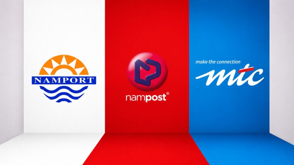 Branding wall with three logos: Namport on white, NamPost on red, and MITC on blue, arranged side by side.