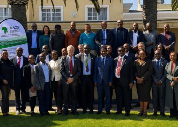 Large group of professionals in business attire posing outdoors in front of a yellow building, with a banner on the left about Uniting Quantity Surveyors on the African Continent