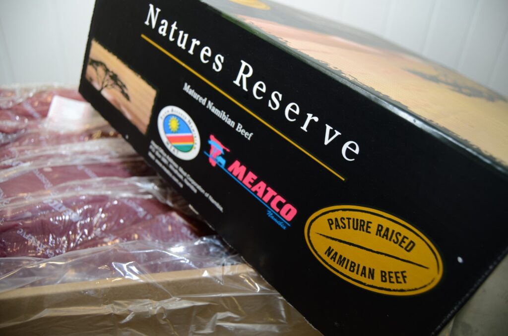 NATURES RESERVES - The Brief | Namibia's Leading Business & Financial News Box of Nature's Reserve Namibian beef, labeled 'Pasture Raised' with logos and product branding visible on a dark package.