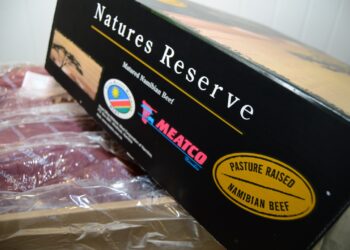 Box of Nature's Reserve Namibian beef, labeled 'Pasture Raised' with logos and product branding visible on a dark package.