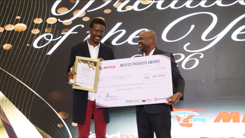 WhatsApp Image 2026-08-03 at 32233 PM - The Brief | Namibia's Leading Business & Financial News Two men in suits on a stage, smiling as one presents a framed certificate and a large ceremonial check at an awards event with a decorative backdrop.