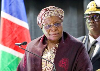 WhatsApp Image 2026-08-05 at 125331 PM - The Brief | Namibia's Leading Business & Financial News Elderly woman in a patterned headwrap and maroon shawl speaks at a podium with a microphone, flag behind her.