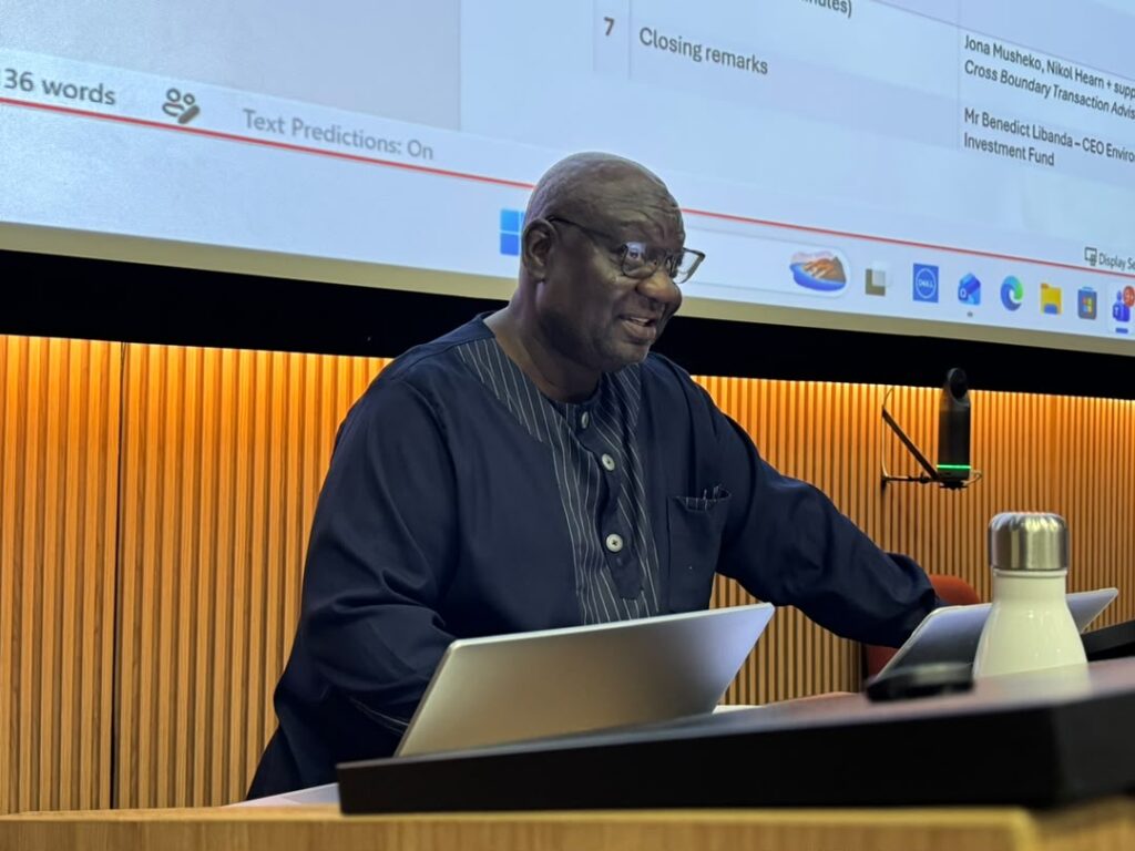 SYLVESTER MBANGU1 - The Brief | Namibia's Leading Business & Financial News Man in a dark blue traditional outfit presenting at a conference, seated at a desk with a laptop and microphone, a large slide screen behind him.