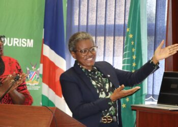 Indileni Daniel - The Brief | Namibia's Leading Business & Financial News Two women at a conference: one in a navy blazer gesturing toward a laptop, with flags and a green tourism banner in the background.