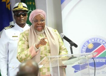 WhatsApp Image 2026-08-06 at 62302 PM - The Brief | Namibia's Leading Business & Financial News Woman in a pink headscarf and pastel suit speaking at a podium with a microphone; a uniformed officer stands behind her.