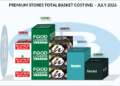 Infographic: July 2026 basket costs (N$) across stores, with logos and numerical values (e.g., Food Lovers Market 1,729.80; Super Spar 1,628.30; Checkers 1,570.79; Model 1,498.80).