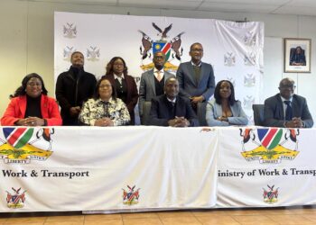 WhatsApp Image 2026-08-10 at 52341 PM - The Brief | Namibia's Leading Business & Financial News Eight professionals sit and stand behind a long table at a Ministry of Work & Transport event, with a banner displaying the ministry crest behind them.